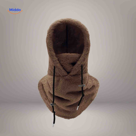 Brown thermo hat with fleece hood and full coverage for winter face mask needs.