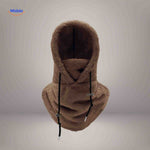 Brown thermo hat with fleece hood and full coverage for winter face mask needs.