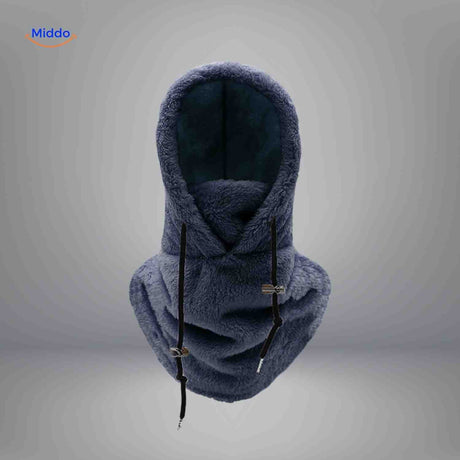 Dark blue thermo hat featuring fleece warmth and protective balaclava design.
