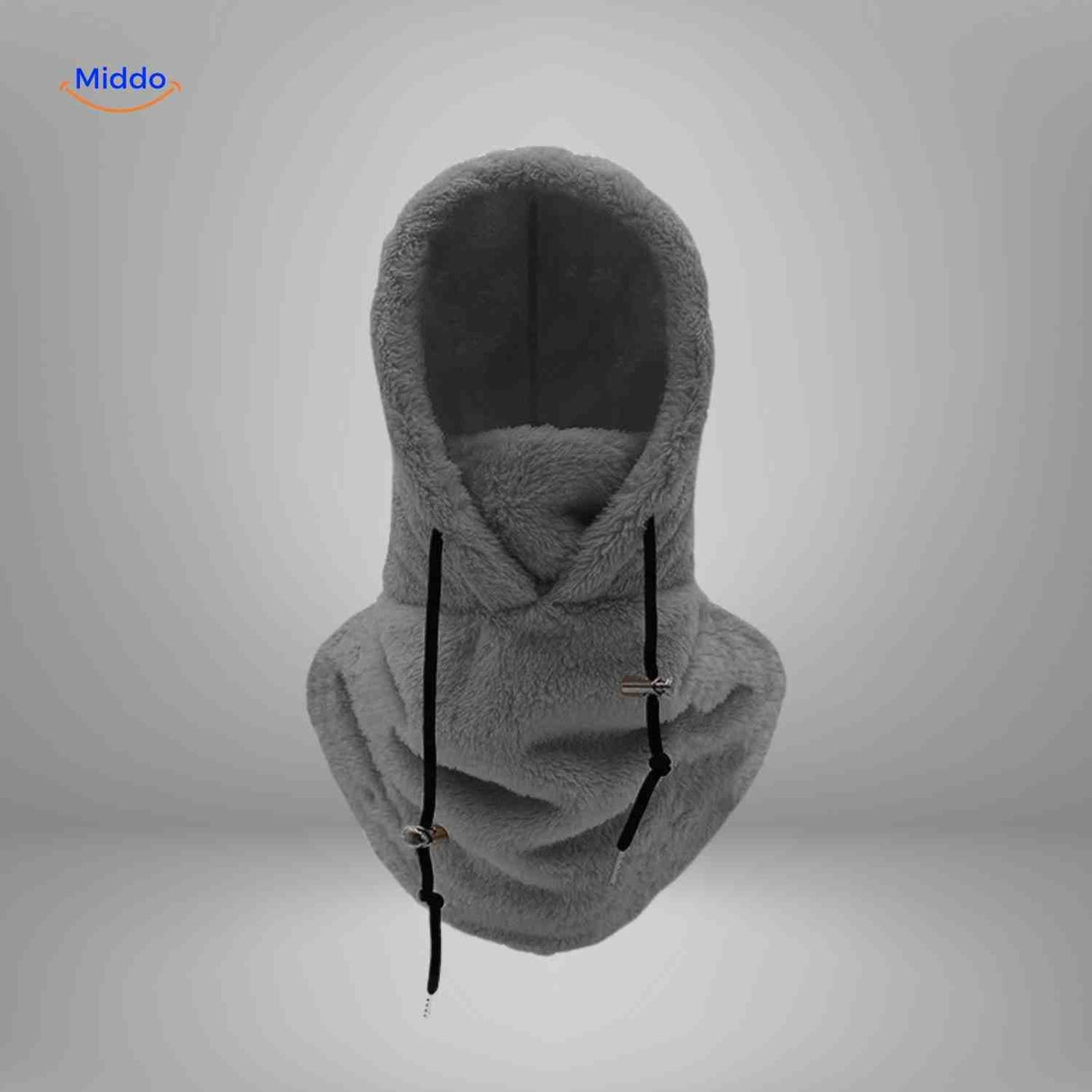 Dark grey thermo hat with fleece hood and versatile face mask integration.