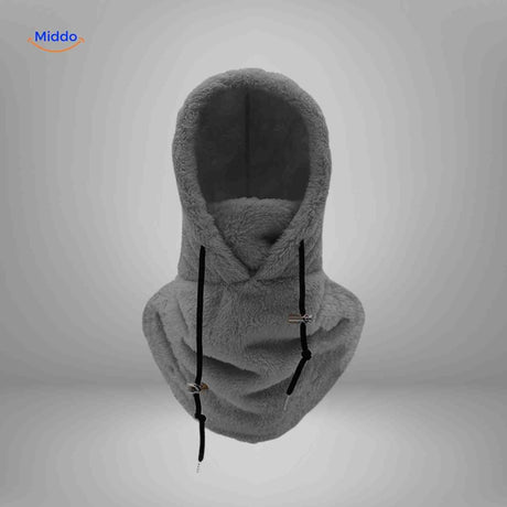 Dark grey thermo hat with fleece hood and versatile face mask integration.