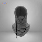 Dark grey thermo hat with fleece hood and versatile face mask integration.