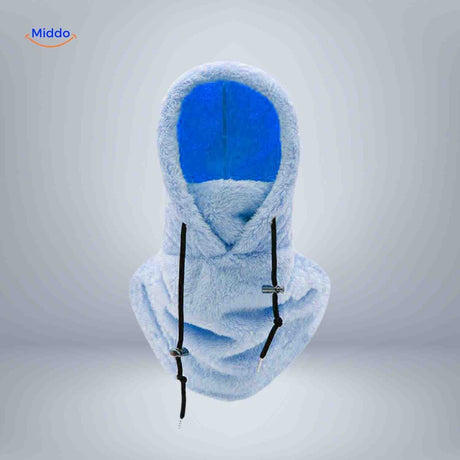 Light blue thermo hat with fleece construction and comprehensive neck protection.