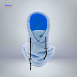 Light blue thermo hat with fleece construction and comprehensive neck protection.