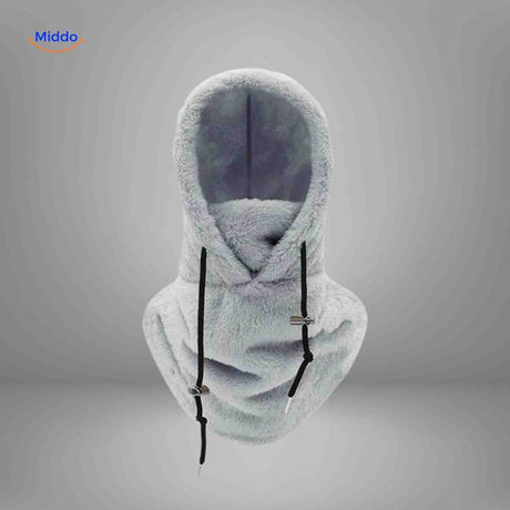 Light grey thermo hat with fleece construction and integrated cold weather protection.