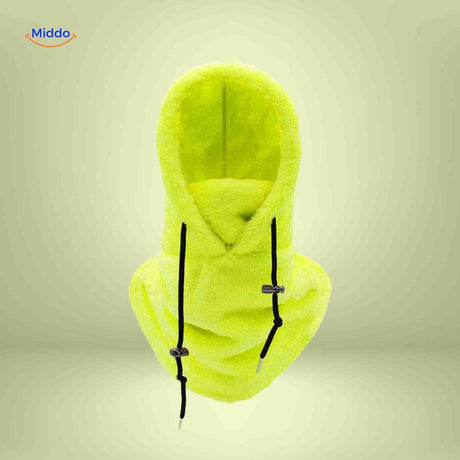 Neon yellow thermo hat with high-visibility fleece and integrated neck warmer.