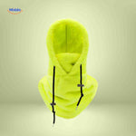 Neon yellow thermo hat with high-visibility fleece and integrated neck warmer.