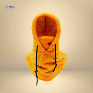 SnowShield thermo hat in vibrant orange with fleece hood and integrated neck warmer.