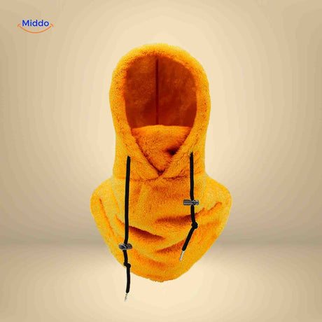 SnowShield thermo hat in vibrant orange with fleece hood and integrated neck warmer.