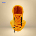 SnowShield thermo hat in vibrant orange with fleece hood and integrated neck warmer.