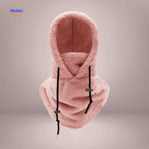 Pink thermo hat featuring fleece-lined hood and protective neck warmer design.