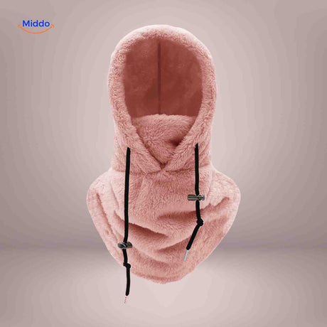 Pink thermo hat featuring fleece-lined hood and protective neck warmer design.