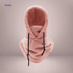 Pink thermo hat featuring fleece-lined hood and protective neck warmer design.