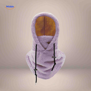 Purple thermo hat offering fleece warmth and protective balaclava-style coverage.