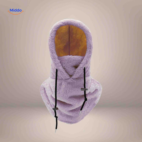 Purple thermo hat offering fleece warmth and protective balaclava-style coverage.