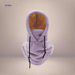 Purple thermo hat offering fleece warmth and protective balaclava-style coverage.