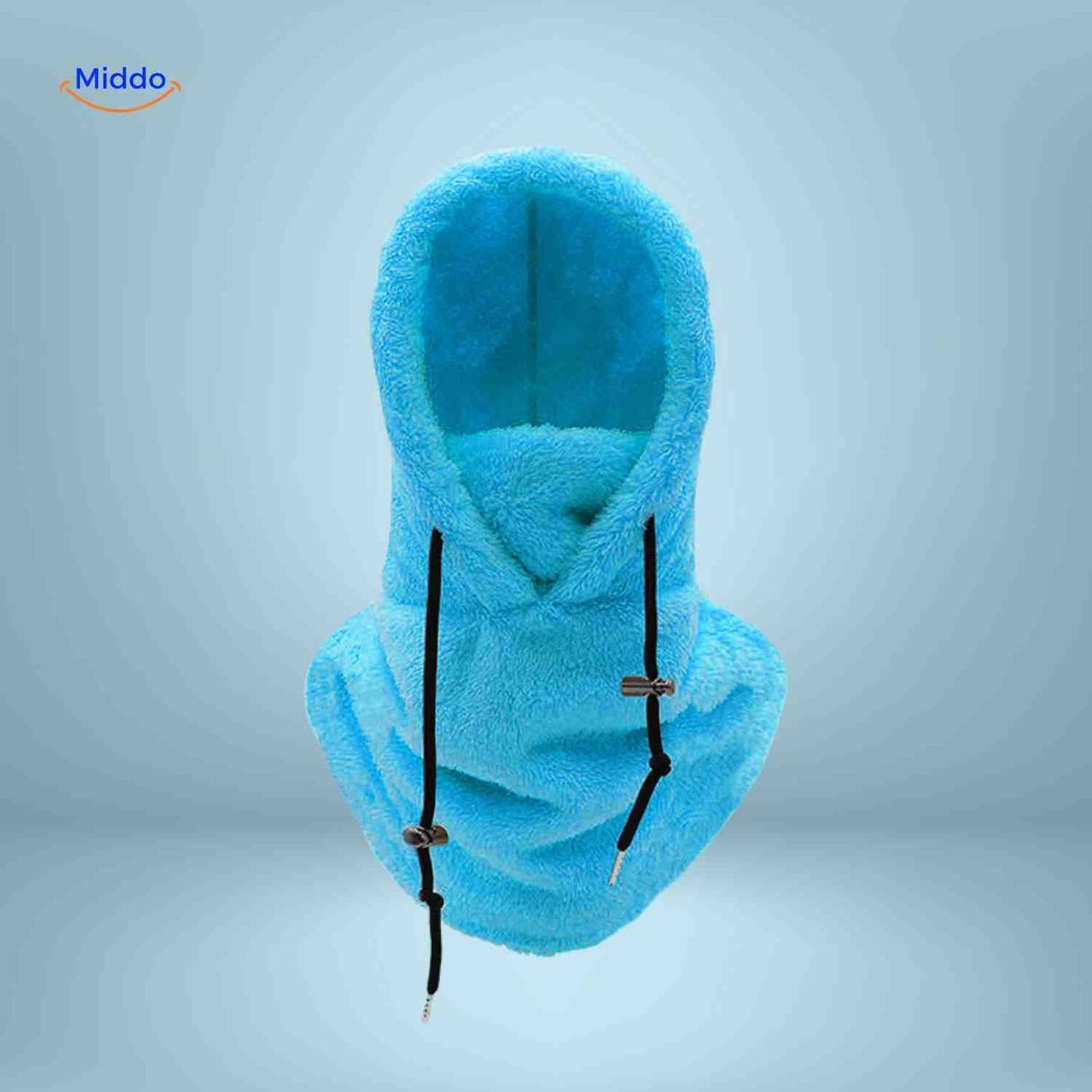 Sky blue thermo hat offering fleece comfort and full-coverage protective design.