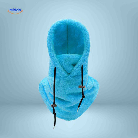 Sky blue thermo hat offering fleece comfort and full-coverage protective design.