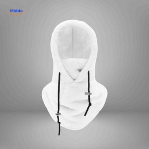 White thermo hat with fleece-lined construction and integrated neck warmer feature.