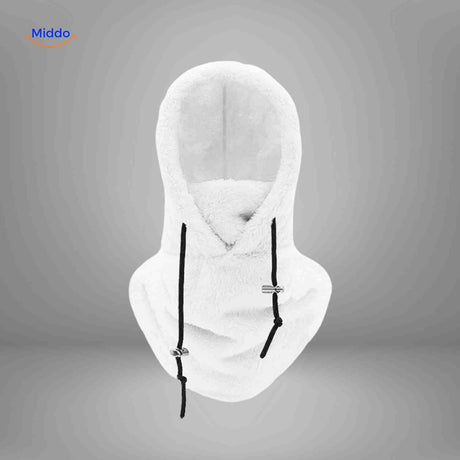 White thermo hat with fleece-lined construction and integrated neck warmer feature.