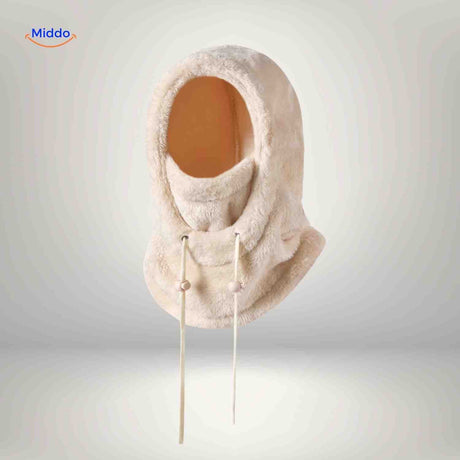 Beige thermo hat featuring long adjustable ties for custom fit and cold protection.