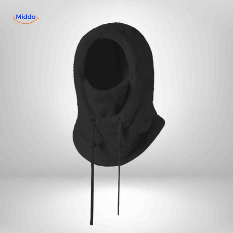 Black thermo hat with extended tie strings for adjustable fit and secure coverage.