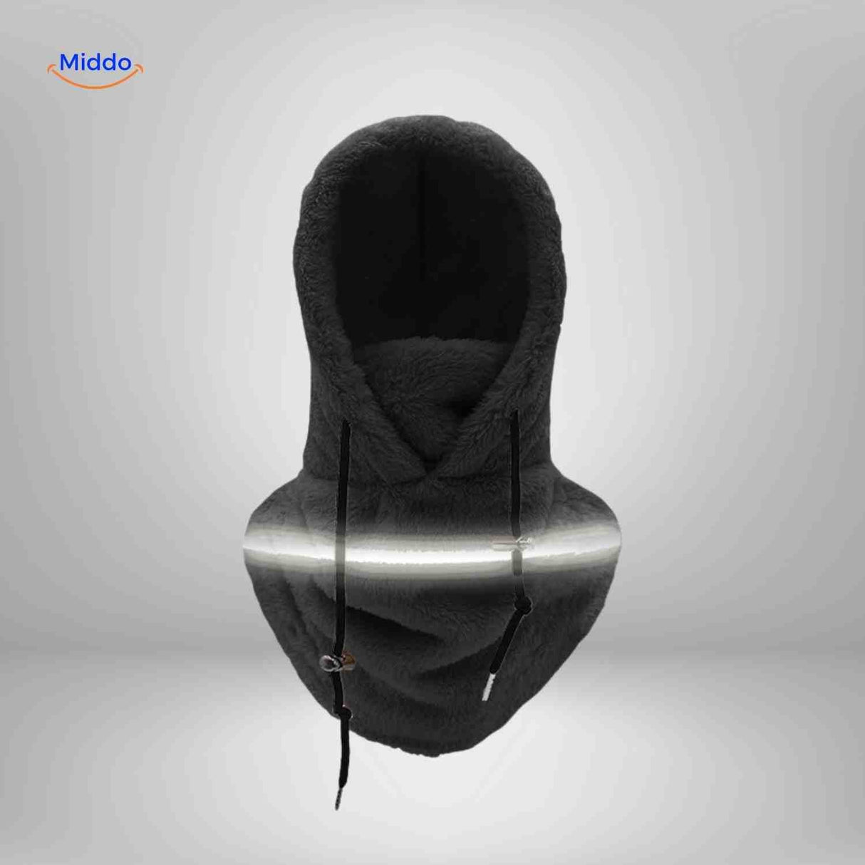 Black thermo hat with reflective safety stripe and fleece-lined protective coverage.