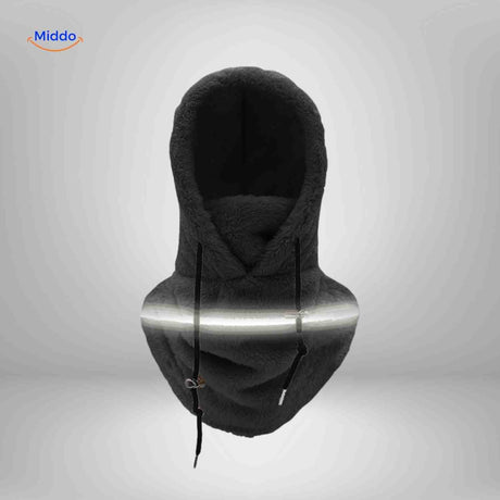 Black thermo hat with reflective safety stripe and fleece-lined protective coverage.