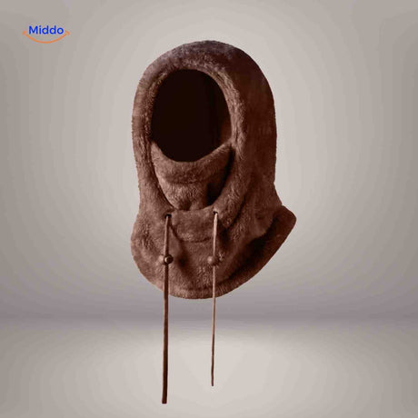 Dark brown thermo hat with long adjustable tie strings for personalized coverage.
