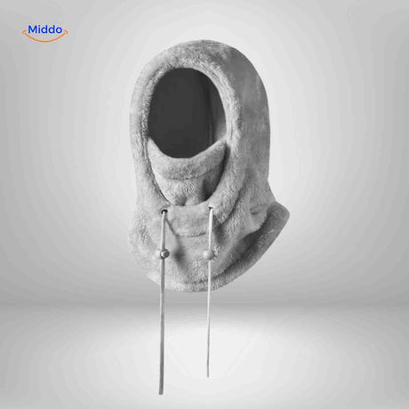 Light grey thermo hat featuring long tie strings for customizable fit and warmth.