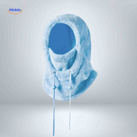 Light blue thermo hat with extended tie closure for secure and adjustable warmth.