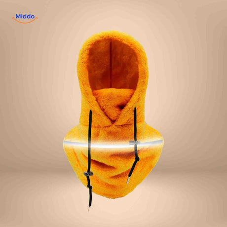 Orange thermo hat with reflective visibility stripe and integrated fleece warmth.