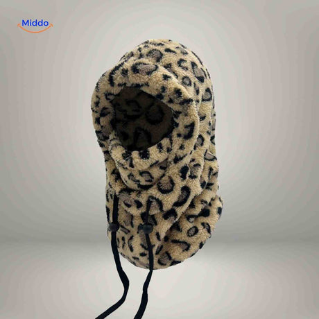 Thermo hat in panther print with fleece construction and protective balaclava design.