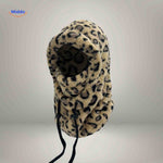 Thermo hat in panther print with fleece construction and protective balaclava design.