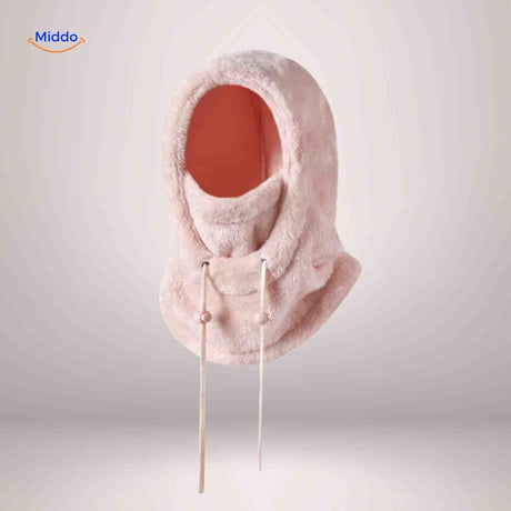 Pink thermo hat with extended ties for adjustable neck and face protection fit.