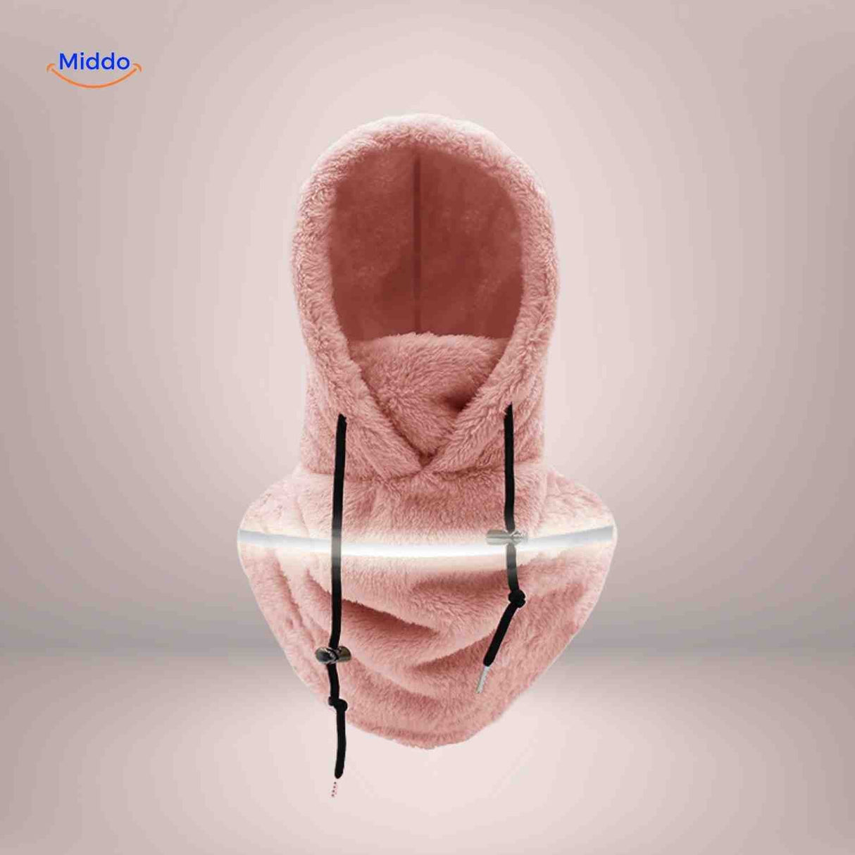 Pink thermo hat featuring reflective safety band and fleece neck warmer protection.