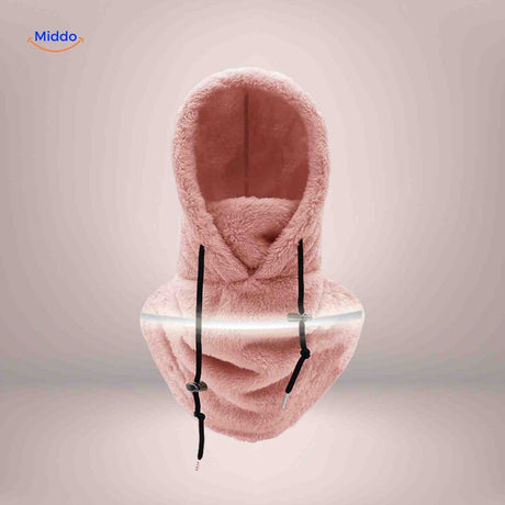 Pink thermo hat featuring reflective safety band and fleece neck warmer protection.
