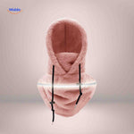 Pink thermo hat featuring reflective safety band and fleece neck warmer protection.