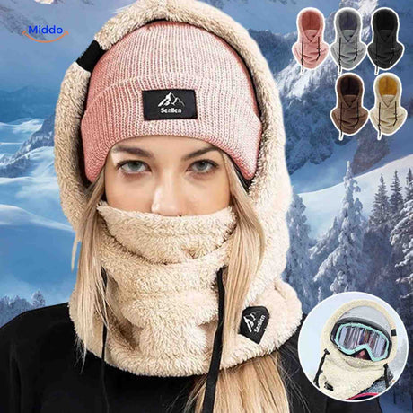 Thermal balaclava worn in snowy conditions with fleece-lined hood and face mask protection.