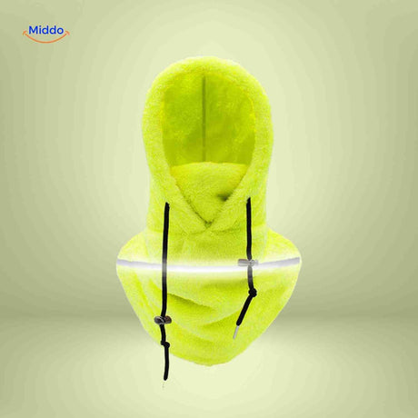 Neon yellow thermo hat with reflective safety band for high-visibility winter wear.