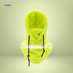 Neon yellow thermo hat with reflective safety band for high-visibility winter wear.