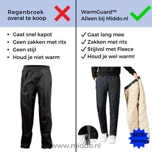 WarmGuard thermo pants comparison showing waterproof fleece-lined features.