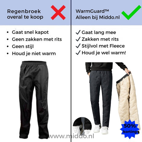 WarmGuard thermo pants comparison showing waterproof fleece-lined features.