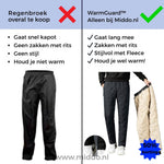 WarmGuard thermo pants comparison showing waterproof fleece-lined features.