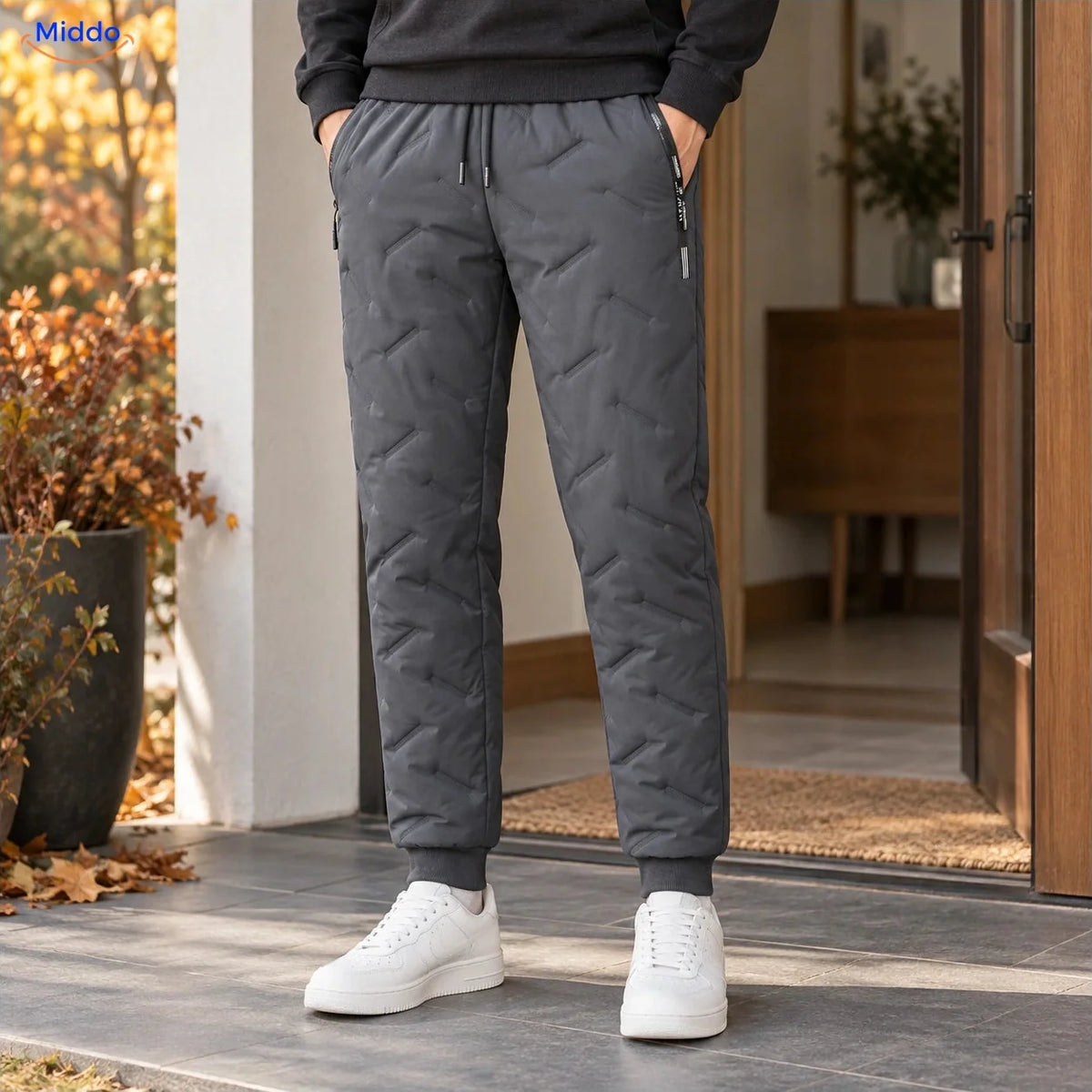 Thermoflex fleece lined winter pants worn in gray, ribbed cuff