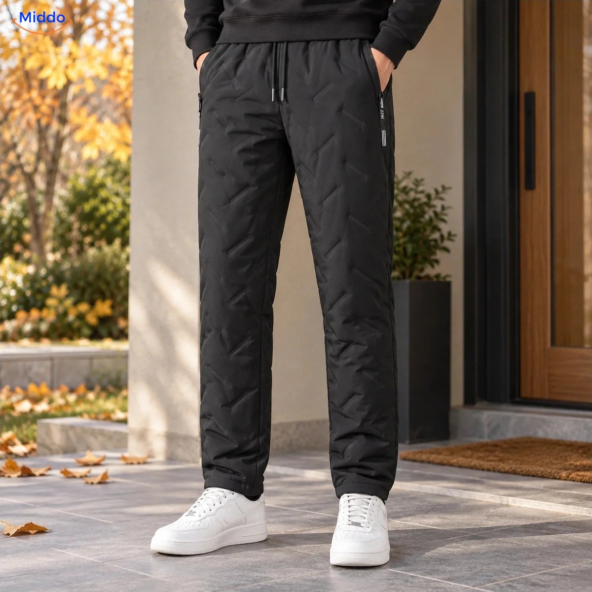 Thermoflex fleece lined winter pants worn in black, straight leg