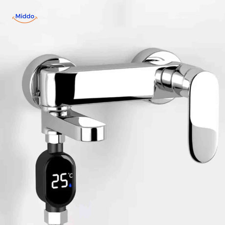 ThermoGauge faucet thermometer with LED digital display showing real-time water temperature.