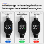 Color-coded LED indicator shows blue for cold, green for warm, and red for hot water safely.