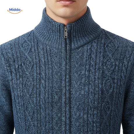 Close-up detail of thermoknit vest blue neckline, zipper, and ribbed collar finish.