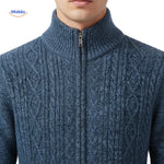 Close-up detail of thermoknit vest blue neckline, zipper, and ribbed collar finish.